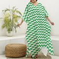 Green And White Chevron Pattern Print Silk V-Neck Kaftan Dress