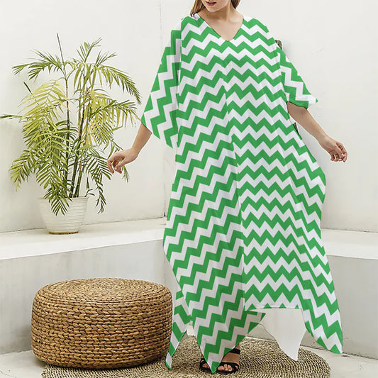 Green And White Chevron Pattern Print Silk V-Neck Kaftan Dress