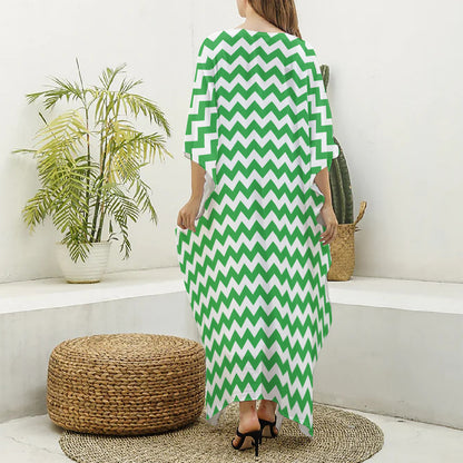 Green And White Chevron Pattern Print Silk V-Neck Kaftan Dress