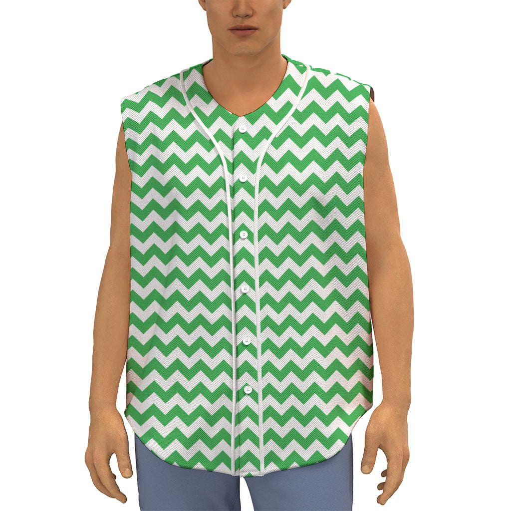 Green And White Chevron Pattern Print Sleeveless Baseball Jersey