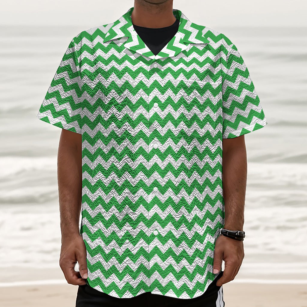 Green And White Chevron Pattern Print Textured Short Sleeve Shirt