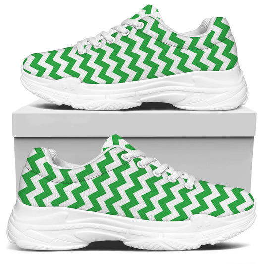 Green And White Chevron Pattern Print White Chunky Shoes