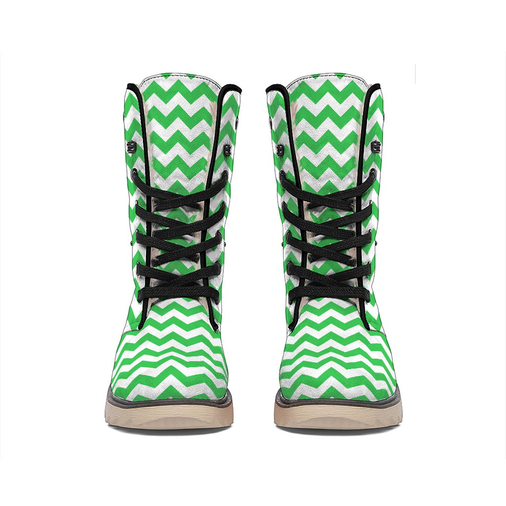 Green And White Chevron Pattern Print Winter Boots