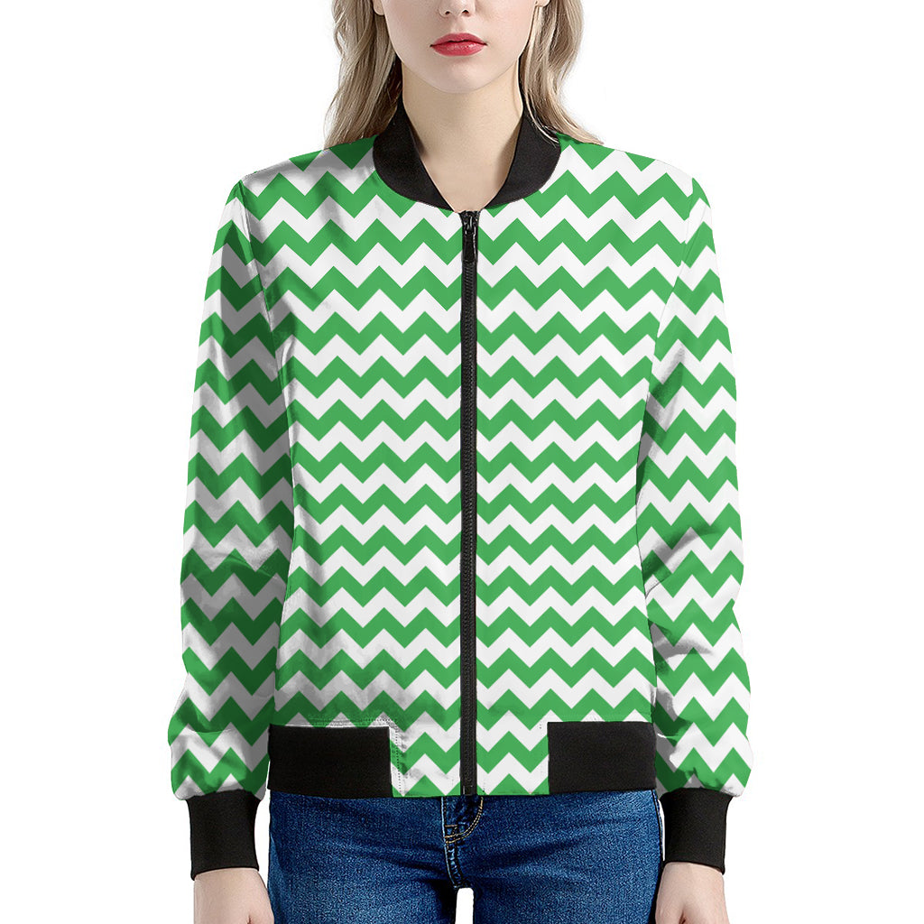 Green And White Chevron Pattern Print Women's Bomber Jacket