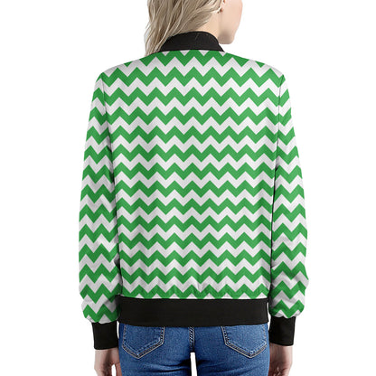 Green And White Chevron Pattern Print Women's Bomber Jacket