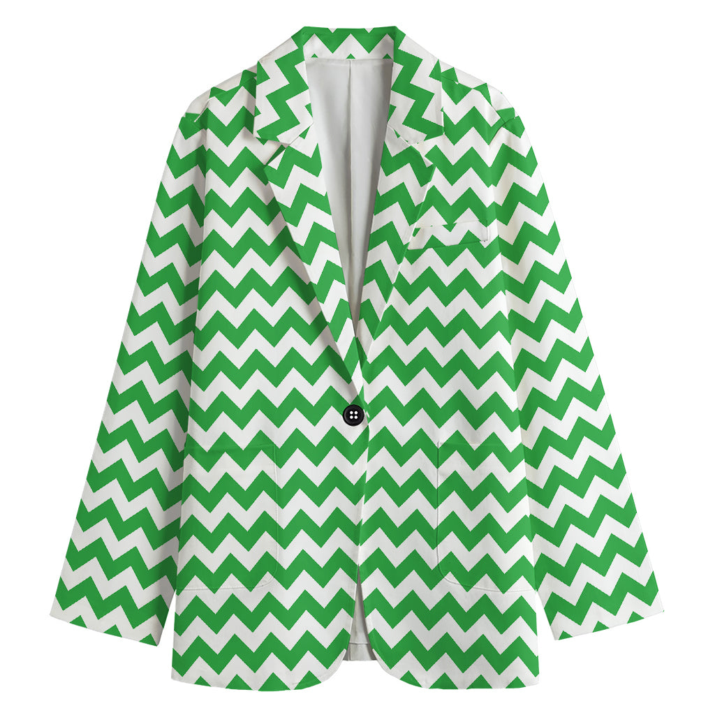 Green And White Chevron Pattern Print Women's Cotton Blazer