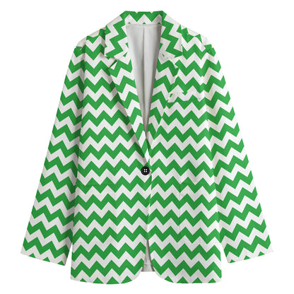 Green And White Chevron Pattern Print Women's Cotton Blazer