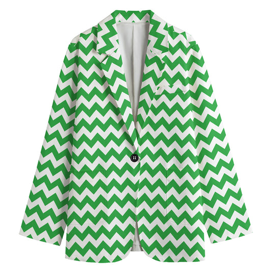 Green And White Chevron Pattern Print Women's Cotton Blazer