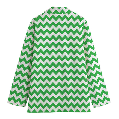 Green And White Chevron Pattern Print Women's Cotton Blazer