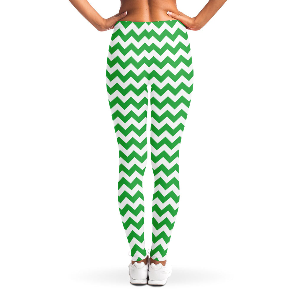 Green And White Chevron Pattern Print Women's Leggings