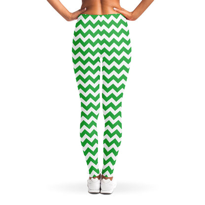 Green And White Chevron Pattern Print Women's Leggings