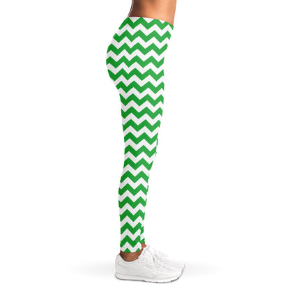Green And White Chevron Pattern Print Women's Leggings