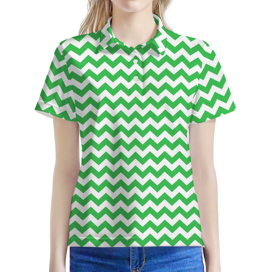 Green And White Chevron Pattern Print Women's Polo Shirt