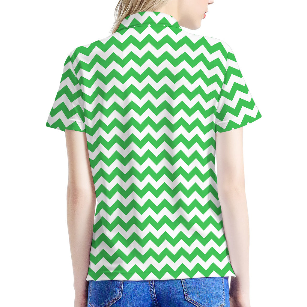 Green And White Chevron Pattern Print Women's Polo Shirt