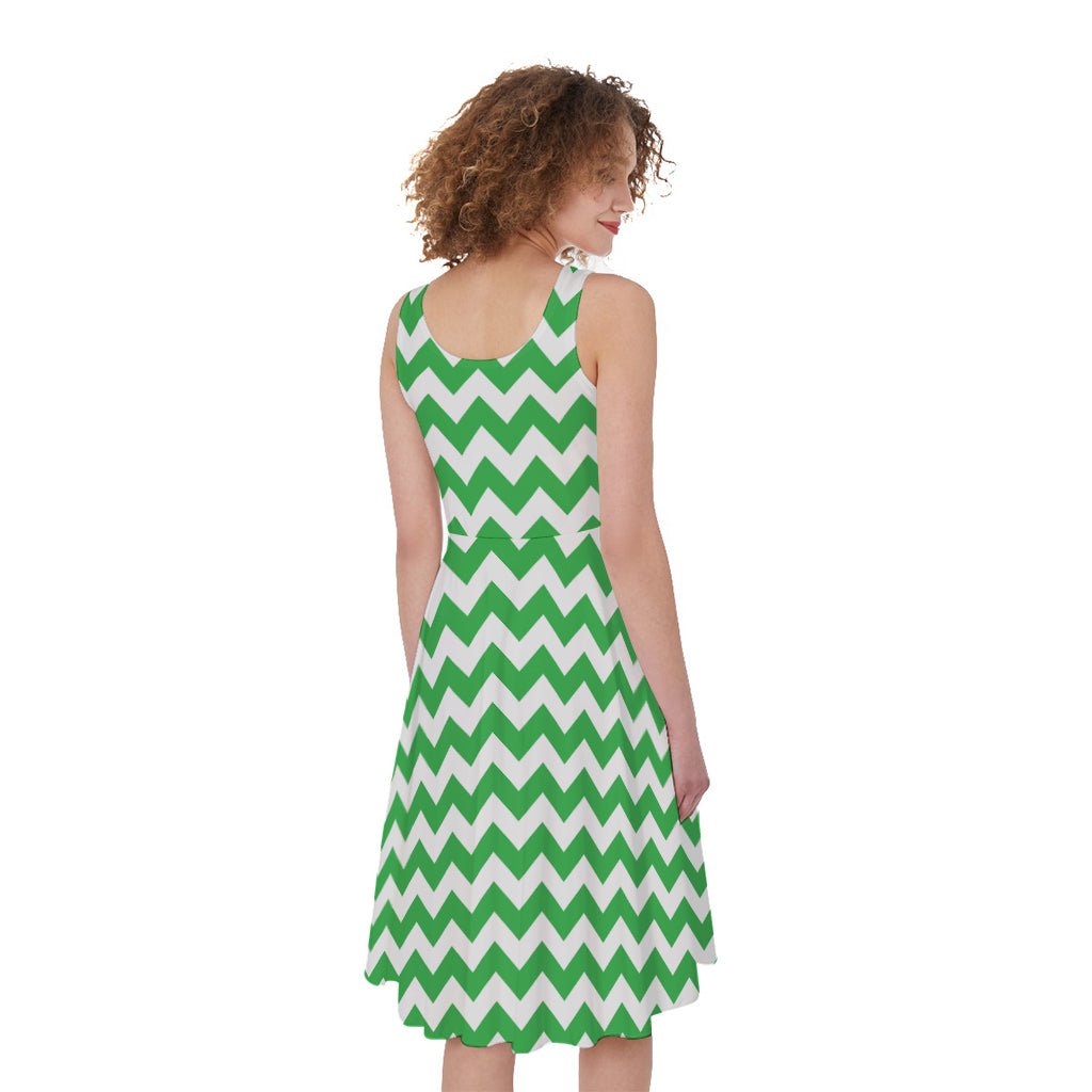 Green And White Chevron Pattern Print Women's Sleeveless Dress