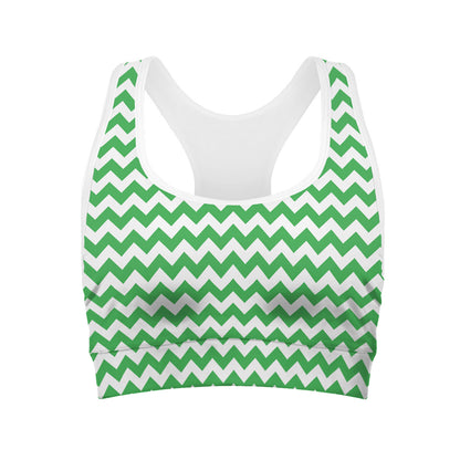 Green And White Chevron Pattern Print Women's Sports Bra