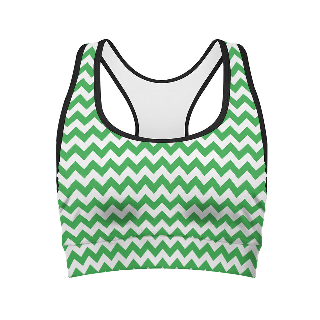 Green And White Chevron Pattern Print Women's Sports Bra