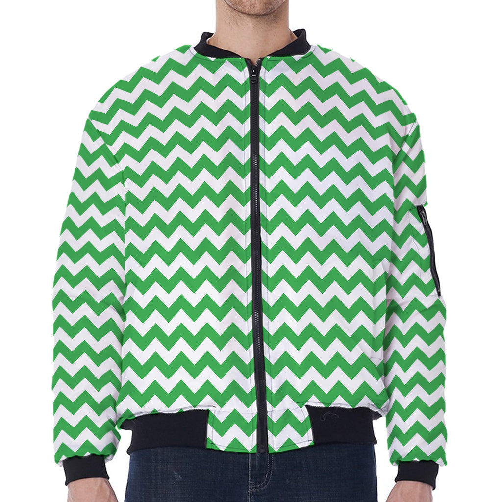 Green And White Chevron Pattern Print Zip Sleeve Bomber Jacket