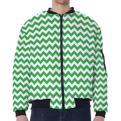 Green And White Chevron Pattern Print Zip Sleeve Bomber Jacket