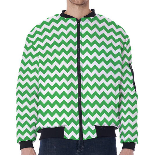 Green And White Chevron Pattern Print Zip Sleeve Bomber Jacket