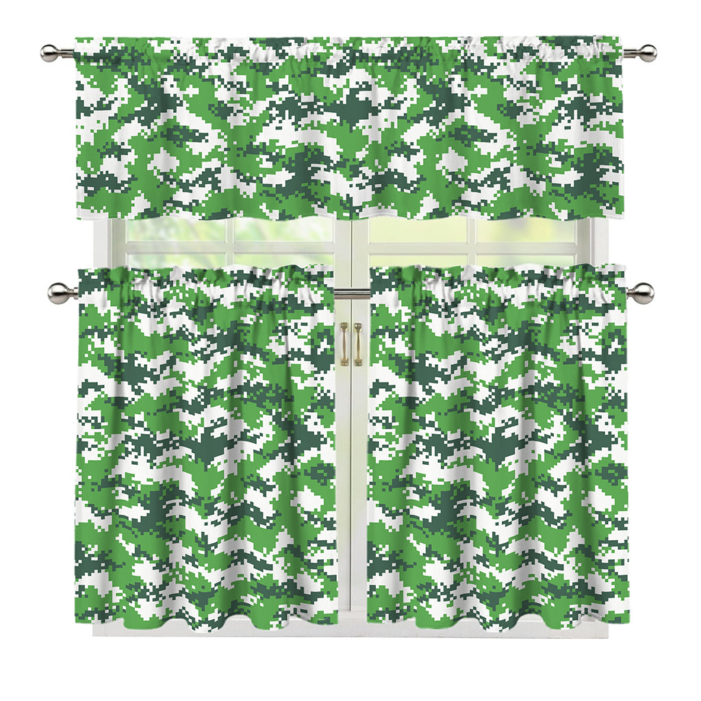 Green And White Digital Camo Print 3 Piece Kitchen Curtains