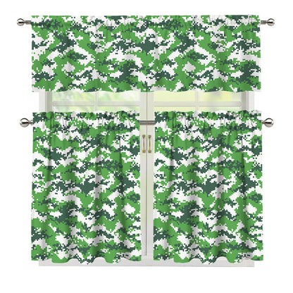 Green And White Digital Camo Print 3 Piece Kitchen Curtains