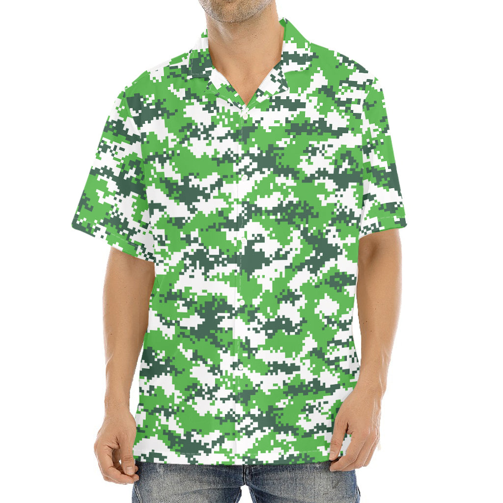 Green And White Digital Camo Print Aloha Shirt