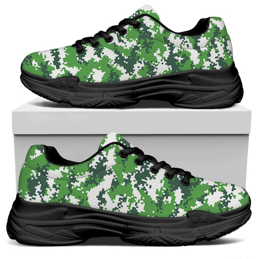 Green And White Digital Camo Print Black Chunky Shoes