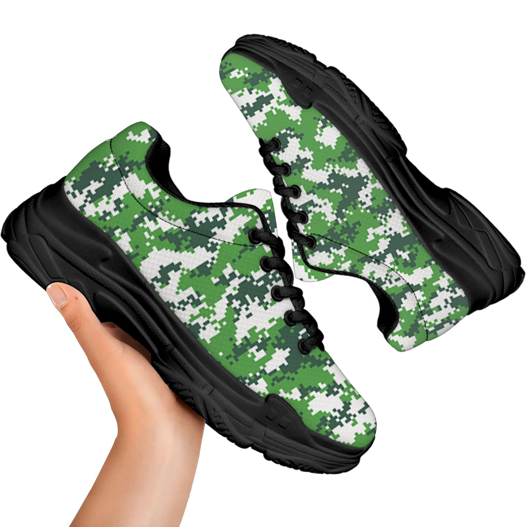 Green And White Digital Camo Print Black Chunky Shoes