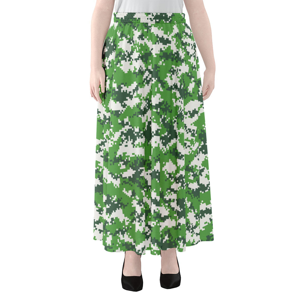 Green And White Digital Camo Print Chiffon Maxi Skirt
