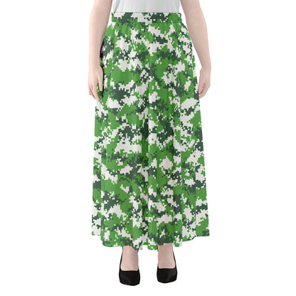 Green And White Digital Camo Print Chiffon Maxi Skirt