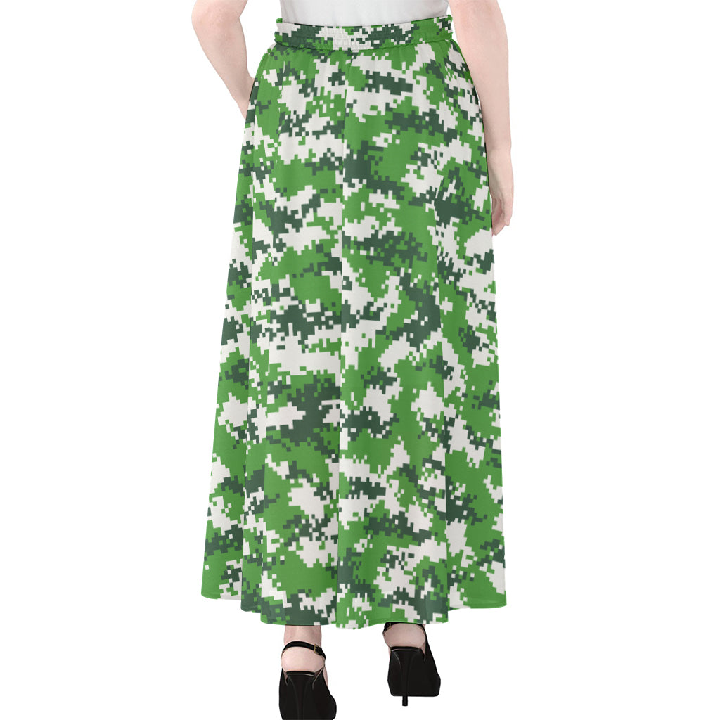 Green And White Digital Camo Print Chiffon Maxi Skirt