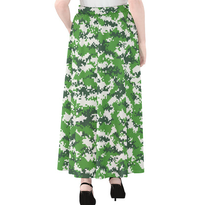 Green And White Digital Camo Print Chiffon Maxi Skirt