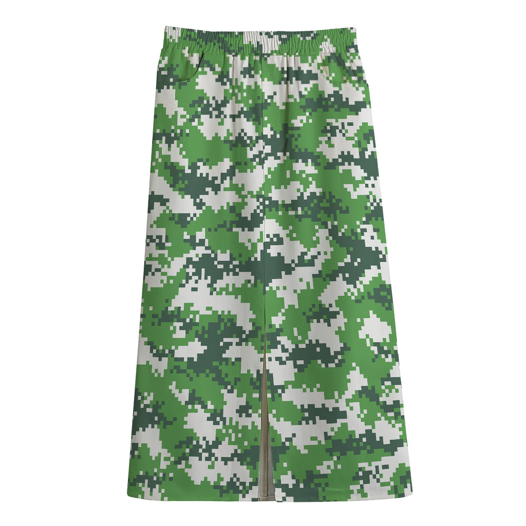 Green And White Digital Camo Print Cotton Front Slit Maxi Skirt