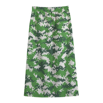 Green And White Digital Camo Print Cotton Front Slit Maxi Skirt