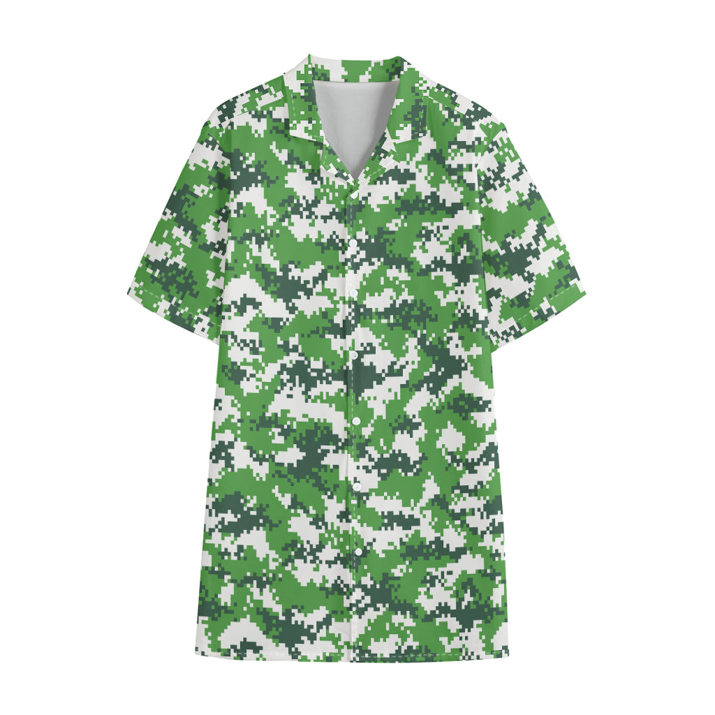 Green And White Digital Camo Print Cotton Hawaiian Shirt