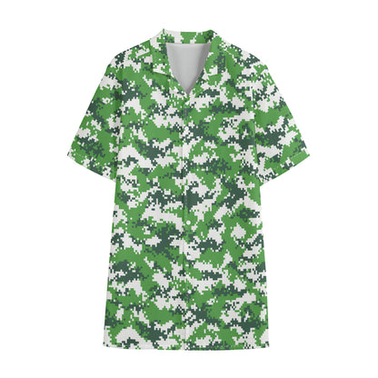 Green And White Digital Camo Print Cotton Hawaiian Shirt