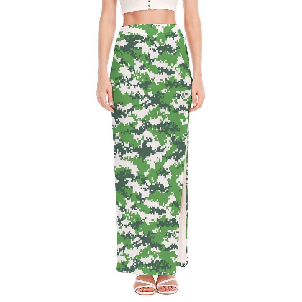 Green And White Digital Camo Print High Slit Maxi Skirt