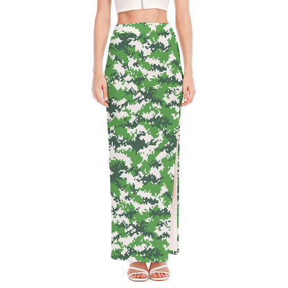 Green And White Digital Camo Print High Slit Maxi Skirt