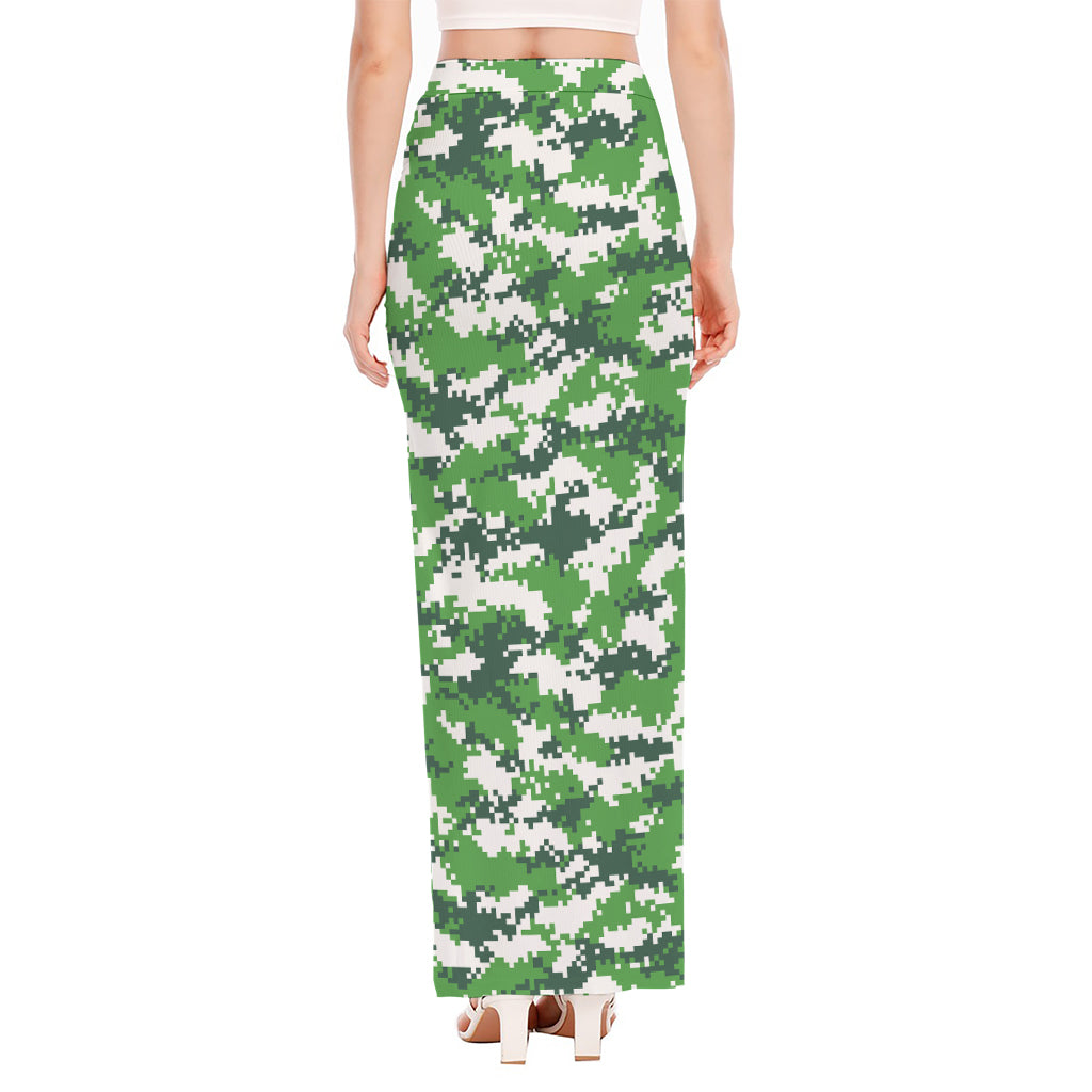 Green And White Digital Camo Print High Slit Maxi Skirt