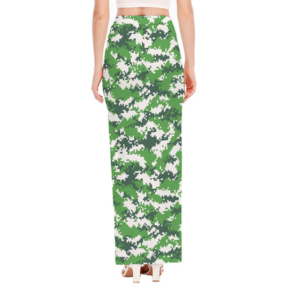 Green And White Digital Camo Print High Slit Maxi Skirt