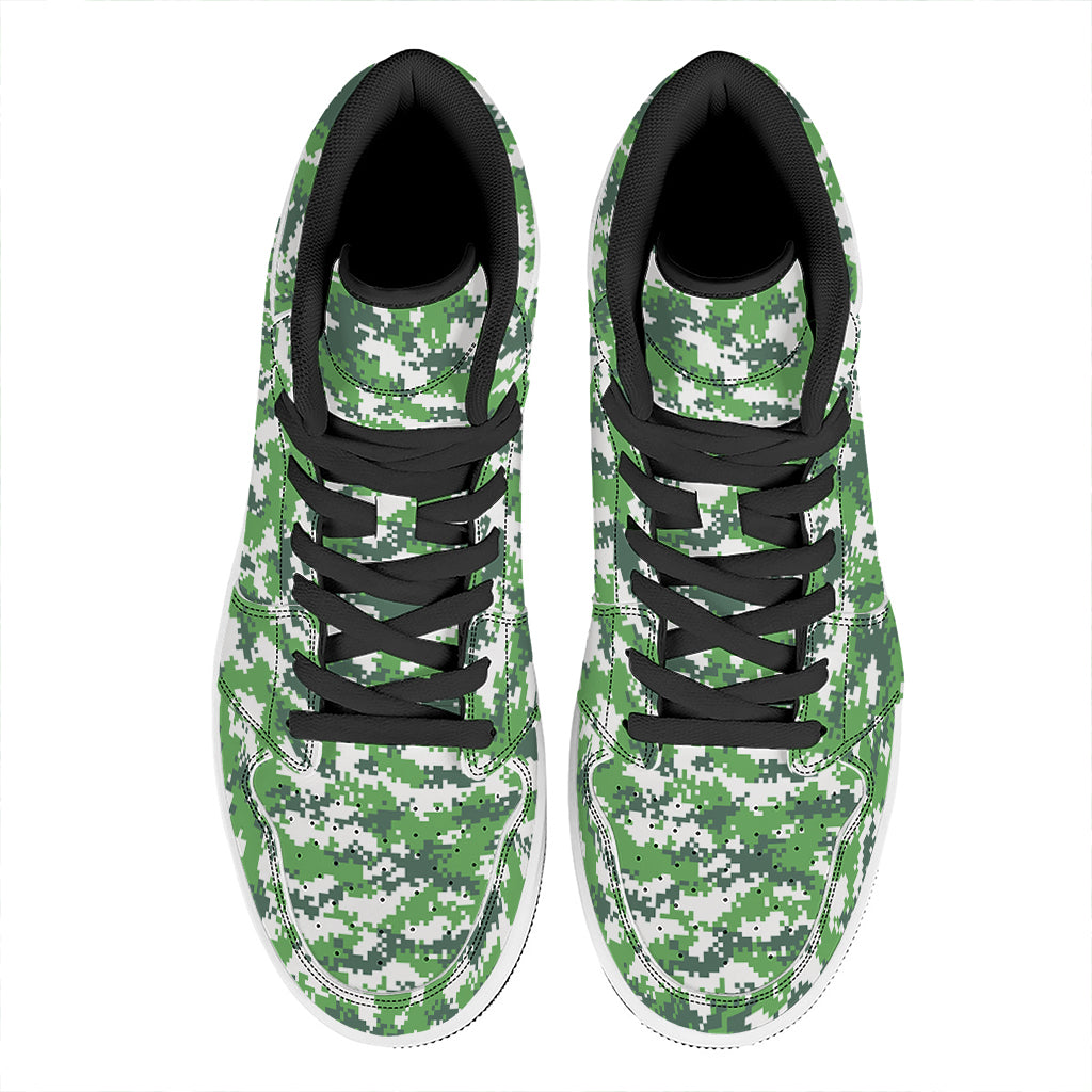 Green And White Digital Camo Print High Top Leather Sneakers