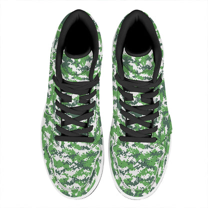 Green And White Digital Camo Print High Top Leather Sneakers