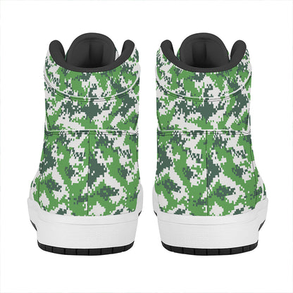 Green And White Digital Camo Print High Top Leather Sneakers