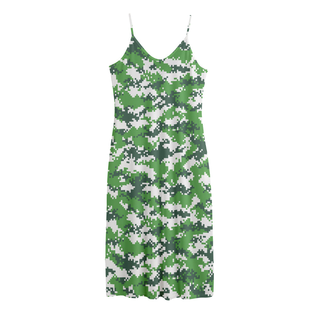 Green And White Digital Camo Print Jersey Midi Cami Dress