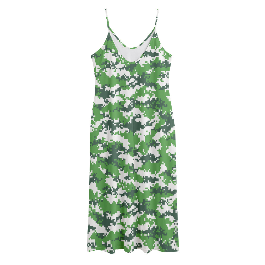 Green And White Digital Camo Print Jersey Midi Cami Dress