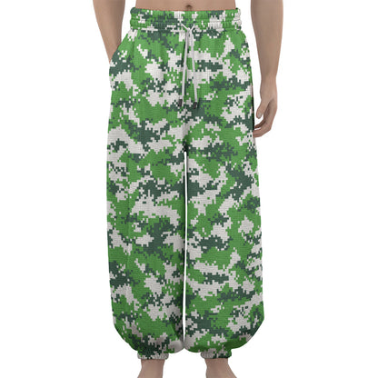 Green And White Digital Camo Print Lantern Pants
