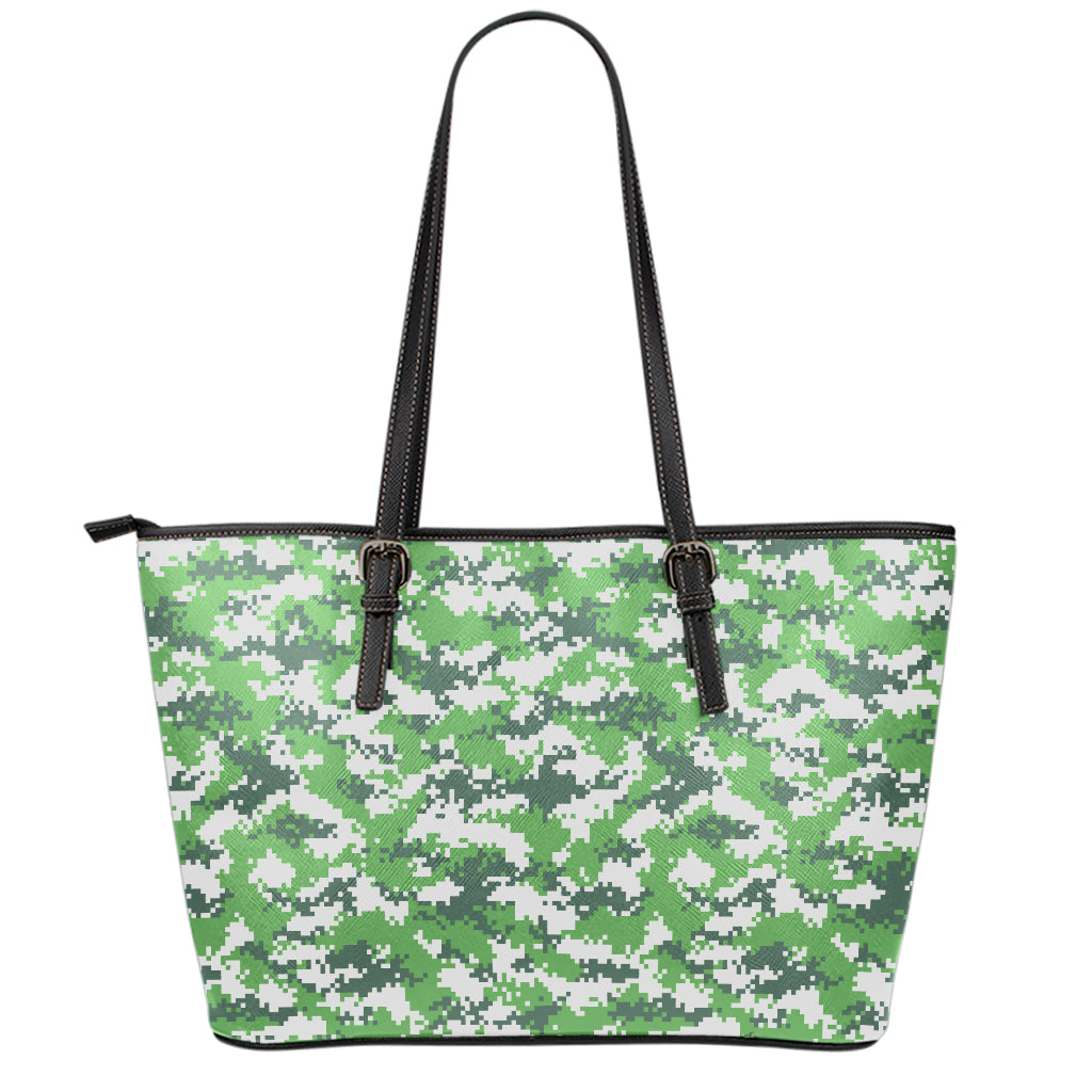 Green And White Digital Camo Print Leather Tote Bag