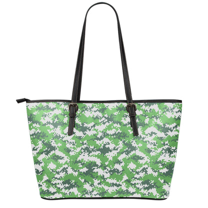 Green And White Digital Camo Print Leather Tote Bag