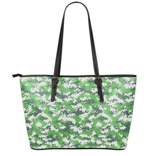 Green And White Digital Camo Print Leather Tote Bag